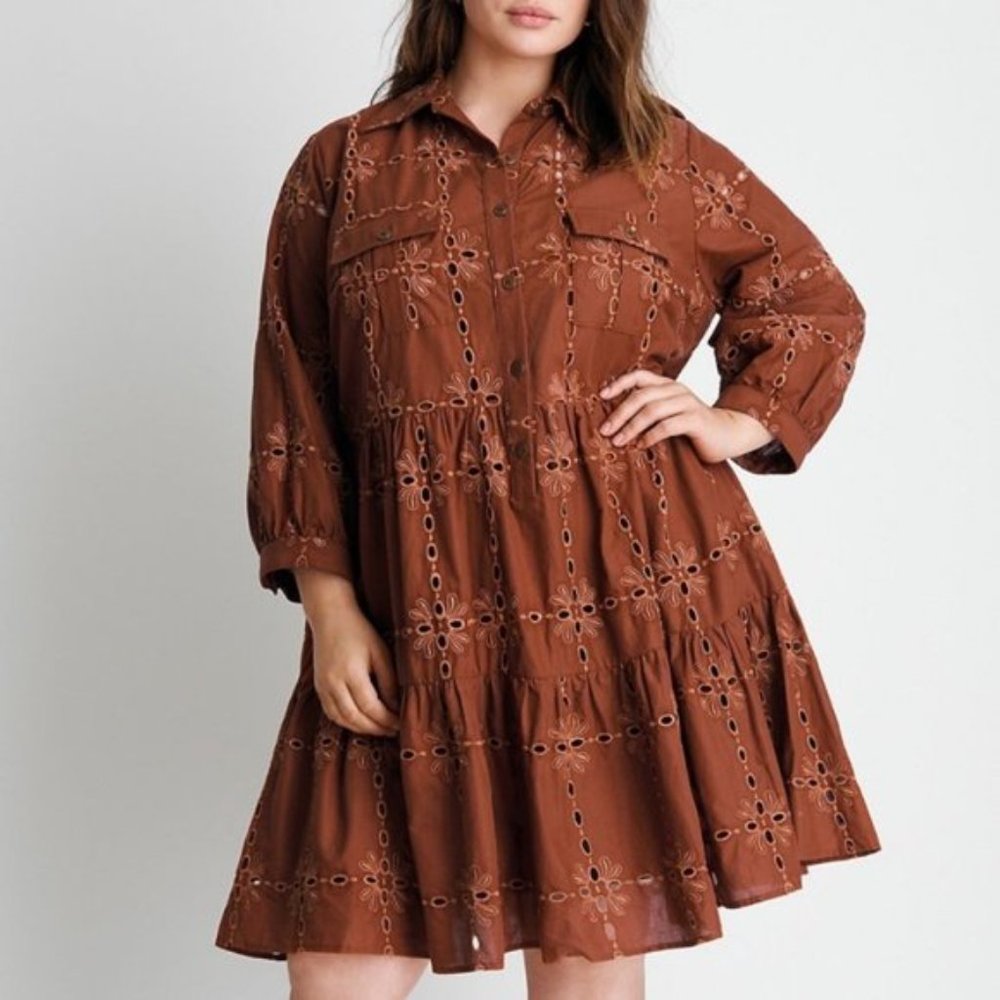 Anthropologie Brown Eyelet Tiered Shirt Dress